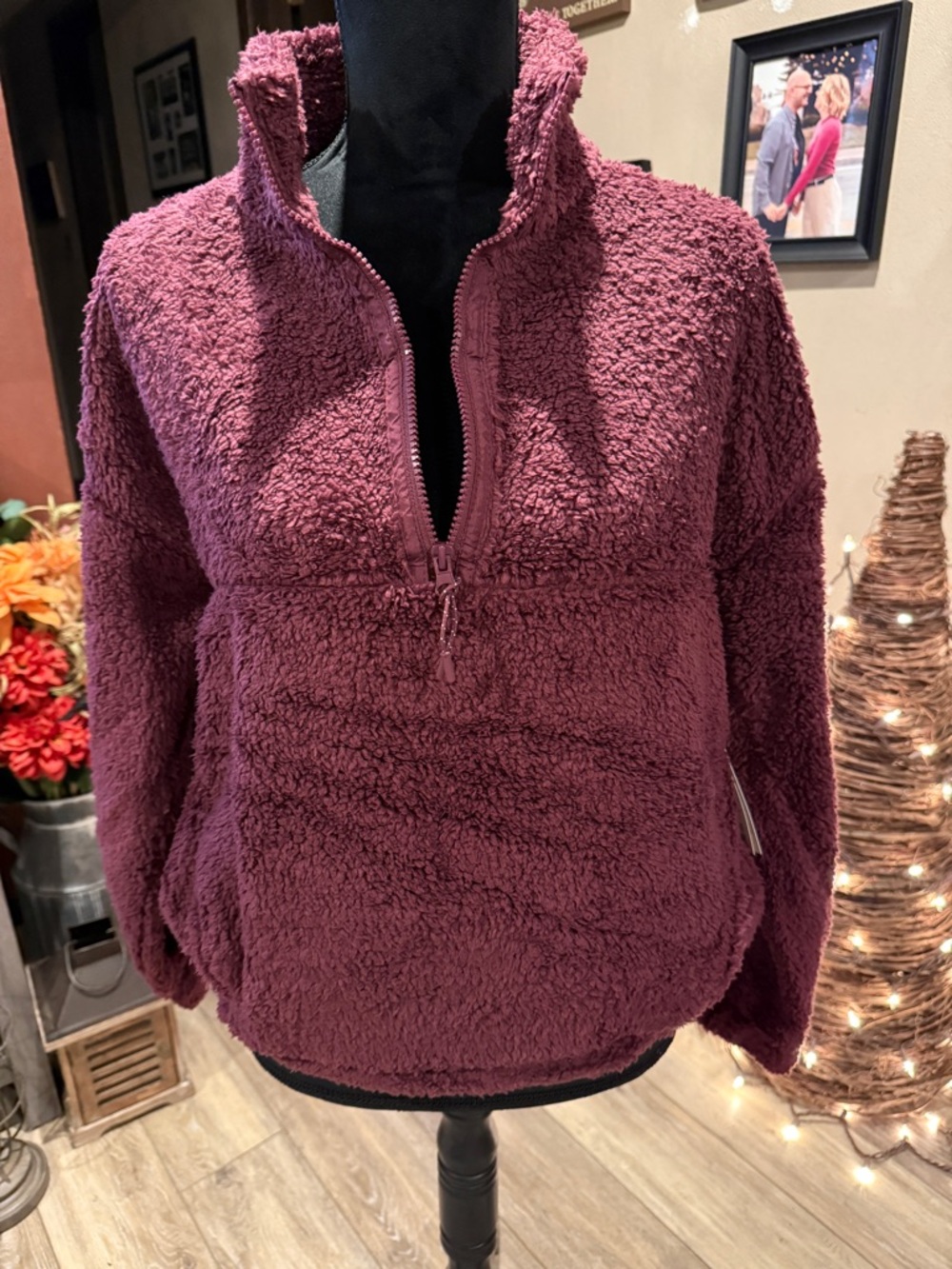 Plush Half-Zip Sherpa Pullover - Wine